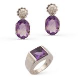 18kt white gold, amethysts and diamond ring and pendant earrings weight 23 gr.