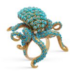 14kt yellow gold and turquoises octopus ring weight 26,5 gr.