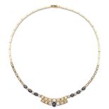 18kt yellow gold, diamonds and sapphires necklace weight 34,9 gr