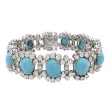 18kt white gold, natural turquoises and diamond bracelet 1950/60s weight 49,3 gr.
