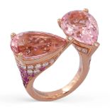 18kt rose gold contrarie ring with two pink morganites ct 11,80 weight 11 gr.