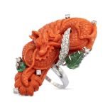 Red coral sculpture dragon ring weight 21,8 gr