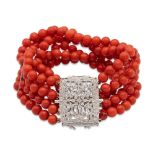 18ky white gold, coral and diamond bracelet weight 58,9 gr.