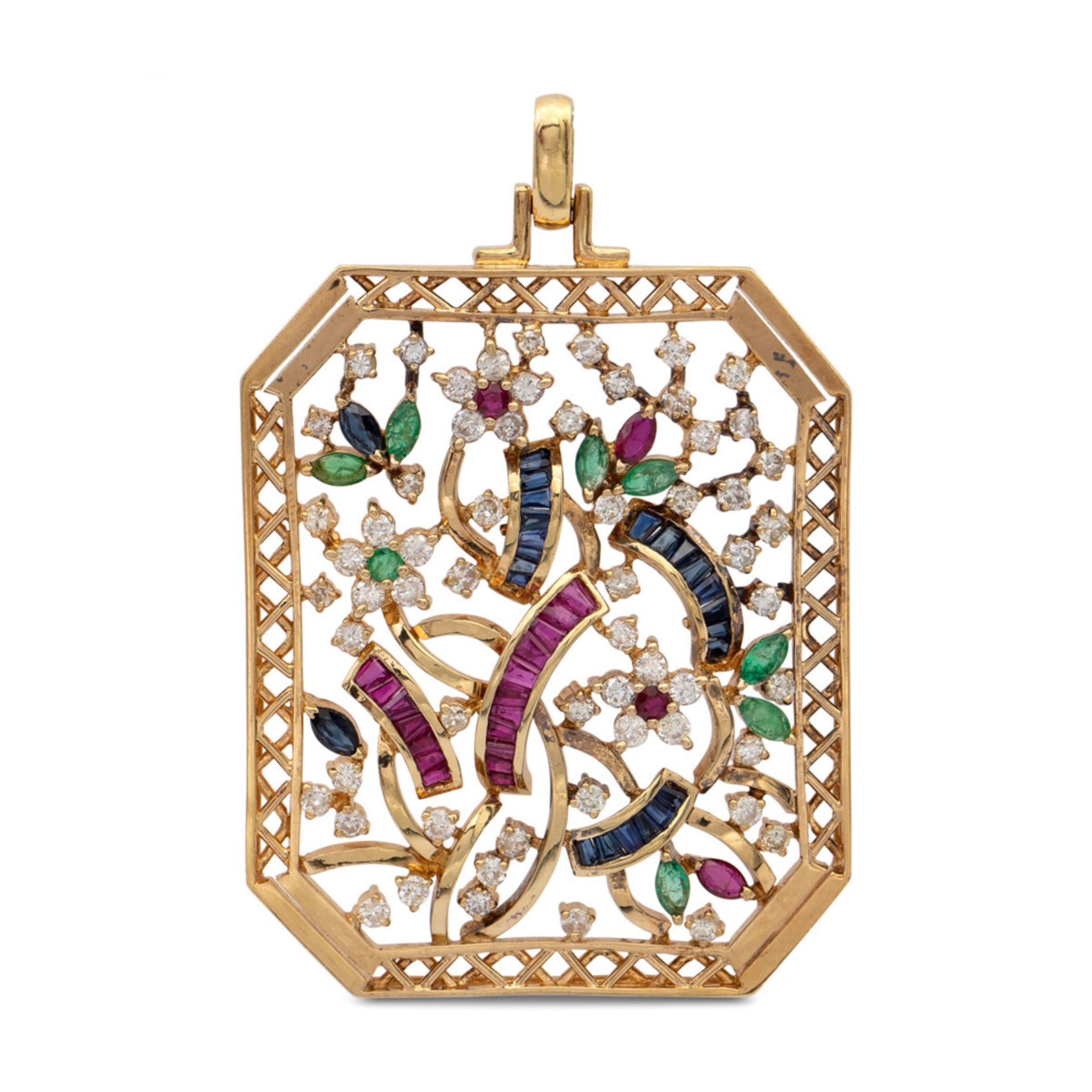 18kt yellow gold and precious stones floral pattern pendant weight 20,7 gr.