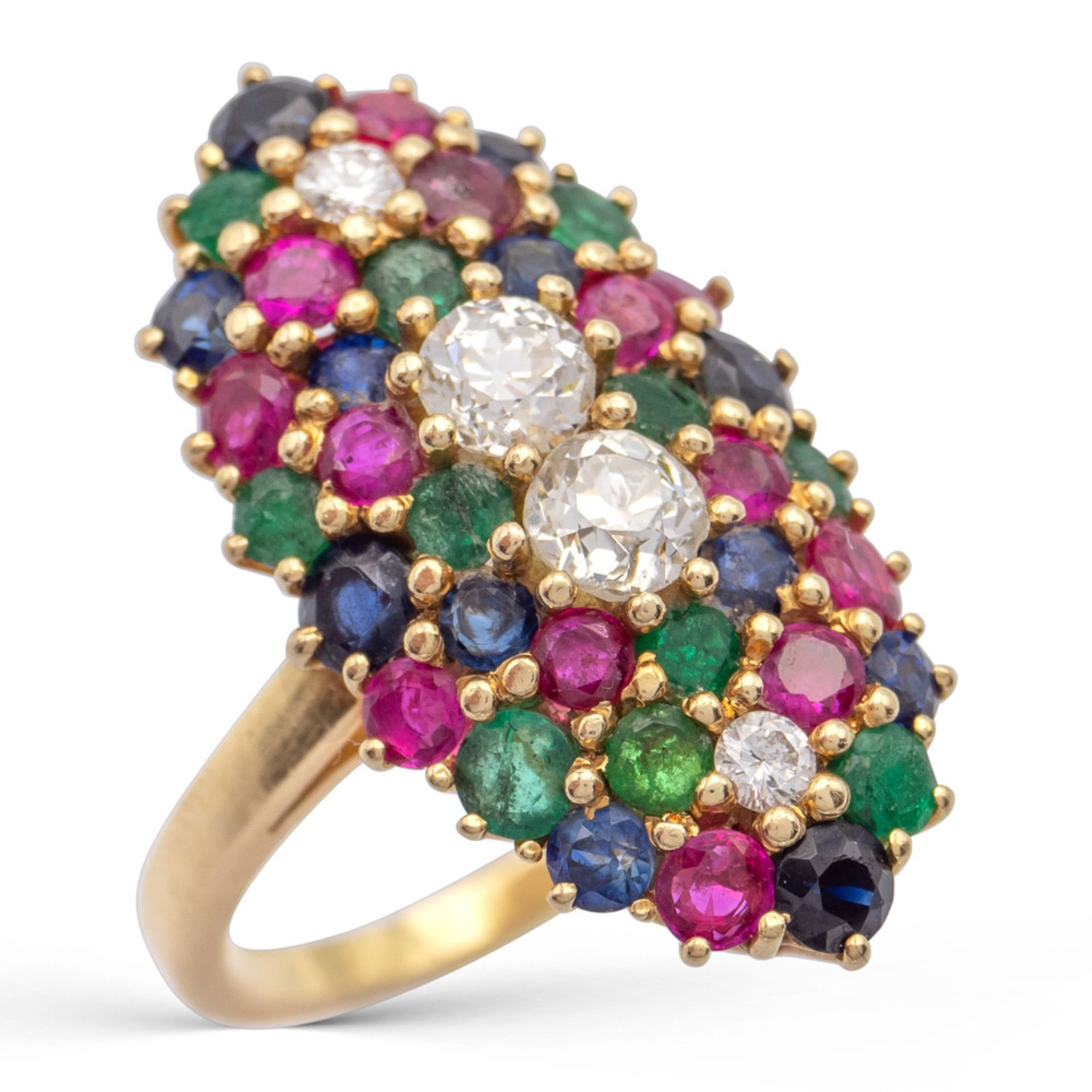 18kt yellow gold, diamonds, sapphires, rubies and emeralds ring 1950/60s weight 9,3 gr.