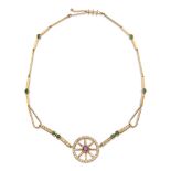 18kt yellow gold, pink sapphire and diamond wheel necklace signed Ansuini Roma weight 29,9 gr