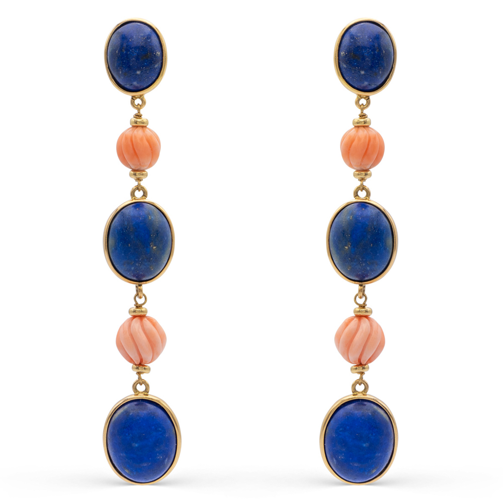 18kt yellow gold, lapis lazuli and pink coral pendant earrings weight 19 gr.