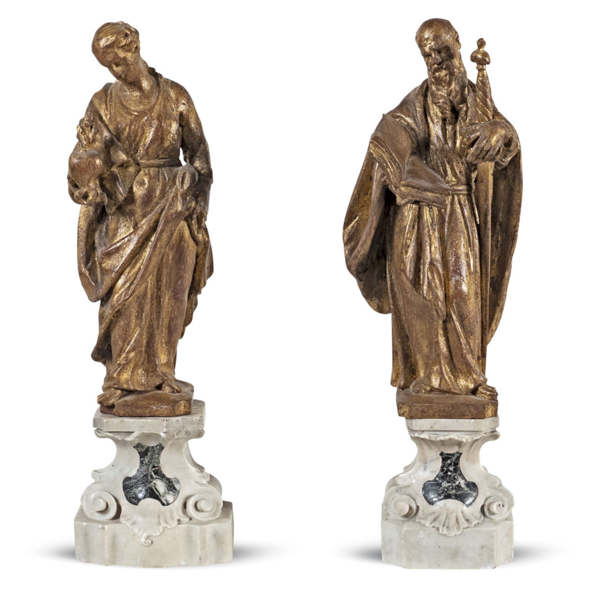 Pair of inlaid and giltwood sculptures Genoa, 17th century h. sculptures 38 cm.