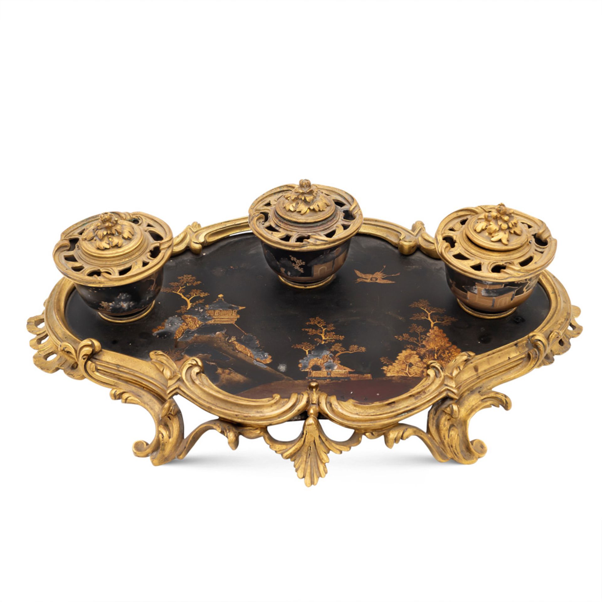 Gilt bronze and lacquered wood inkwell France, 19th century 9x33x20 cm.