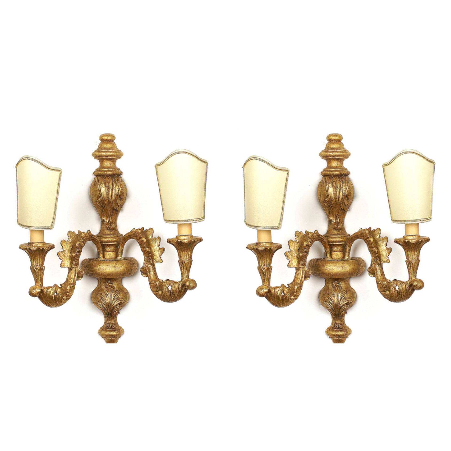 Pair of 2 lights gilt wood appliques Italy, 20th century 46x40 cm.