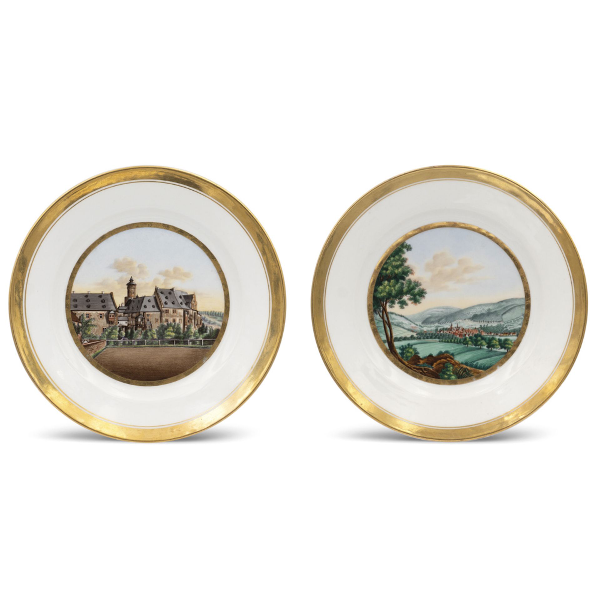 Pair of polychrome and golden porcelain plates Germany, 19h century d. 23 cm.