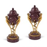 Pair of porphiry and gilt bronze potiches 19th-20th century 24x11 cm.