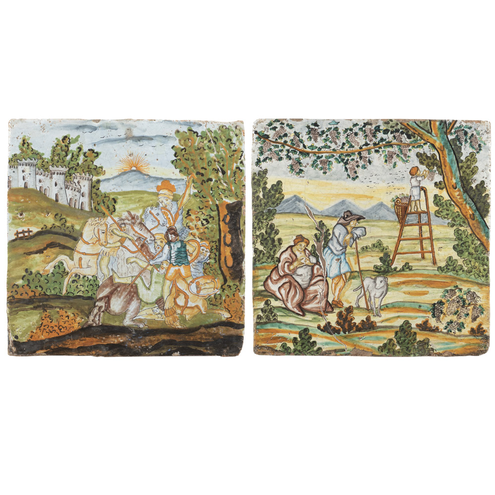 Two majolica tiles painted in polychrome Castelli, XVIII Sec. 50x50 cm. each