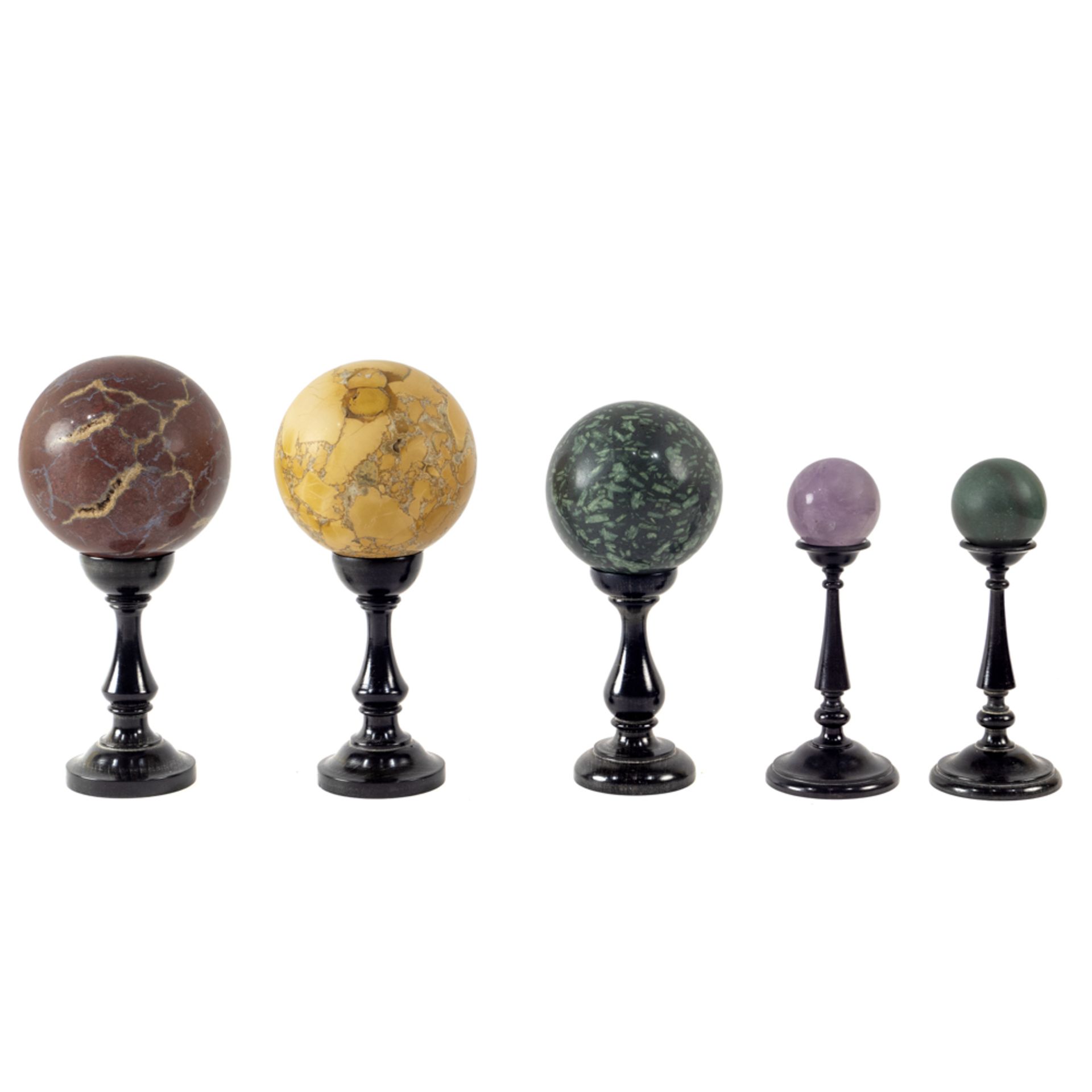 Group of polychrome marble spheres (5) Italy, 20th century maximum h. 25 cm