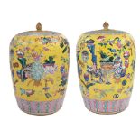 Pair of polychrome porcelain Pink Family vases China, 20th century 33x20 cm.