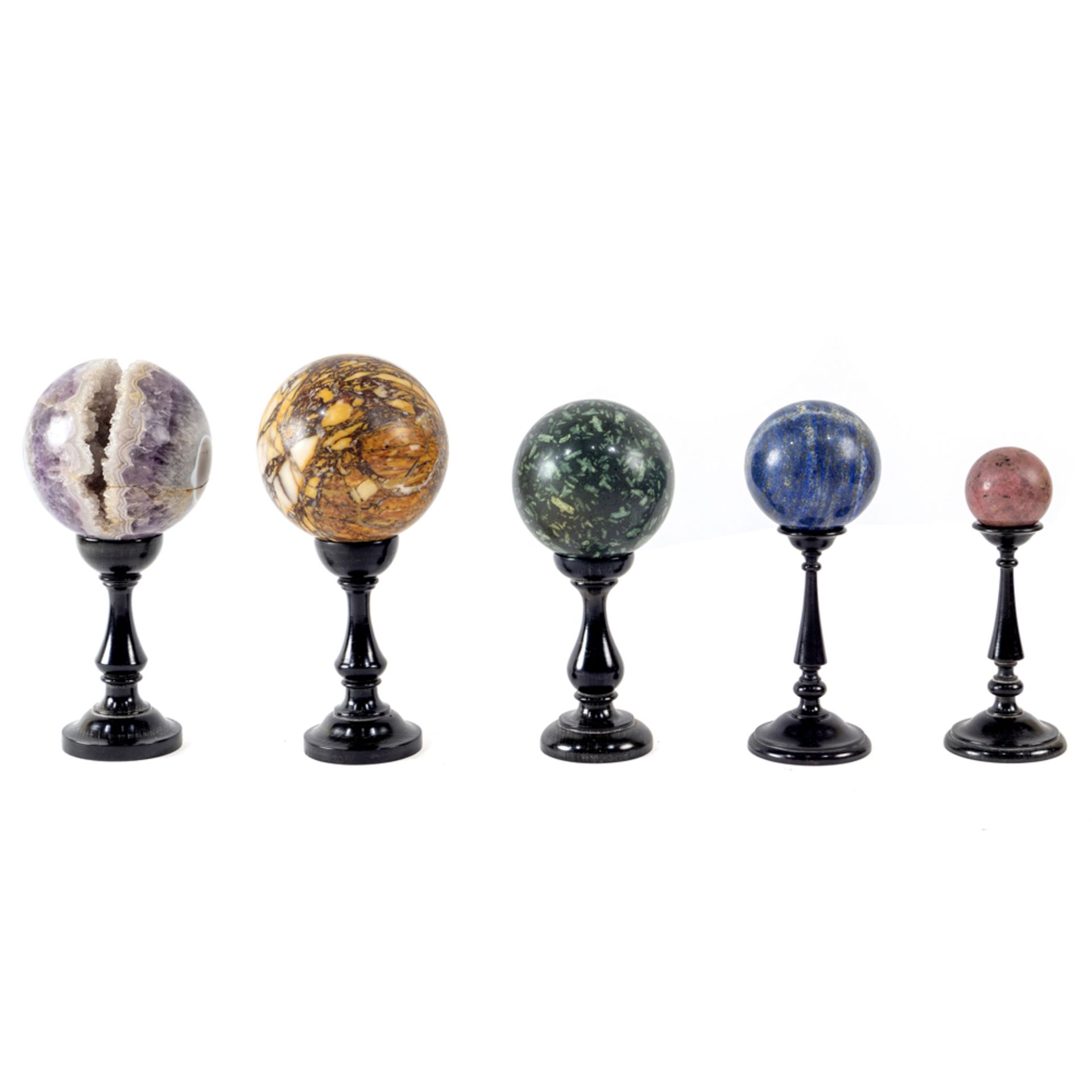 Group of polychrome marble spheres (5) Italy, 20th century maximum h. 25 cm.