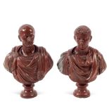 Pair of red marble busts 20th century 27x20x10 cm.