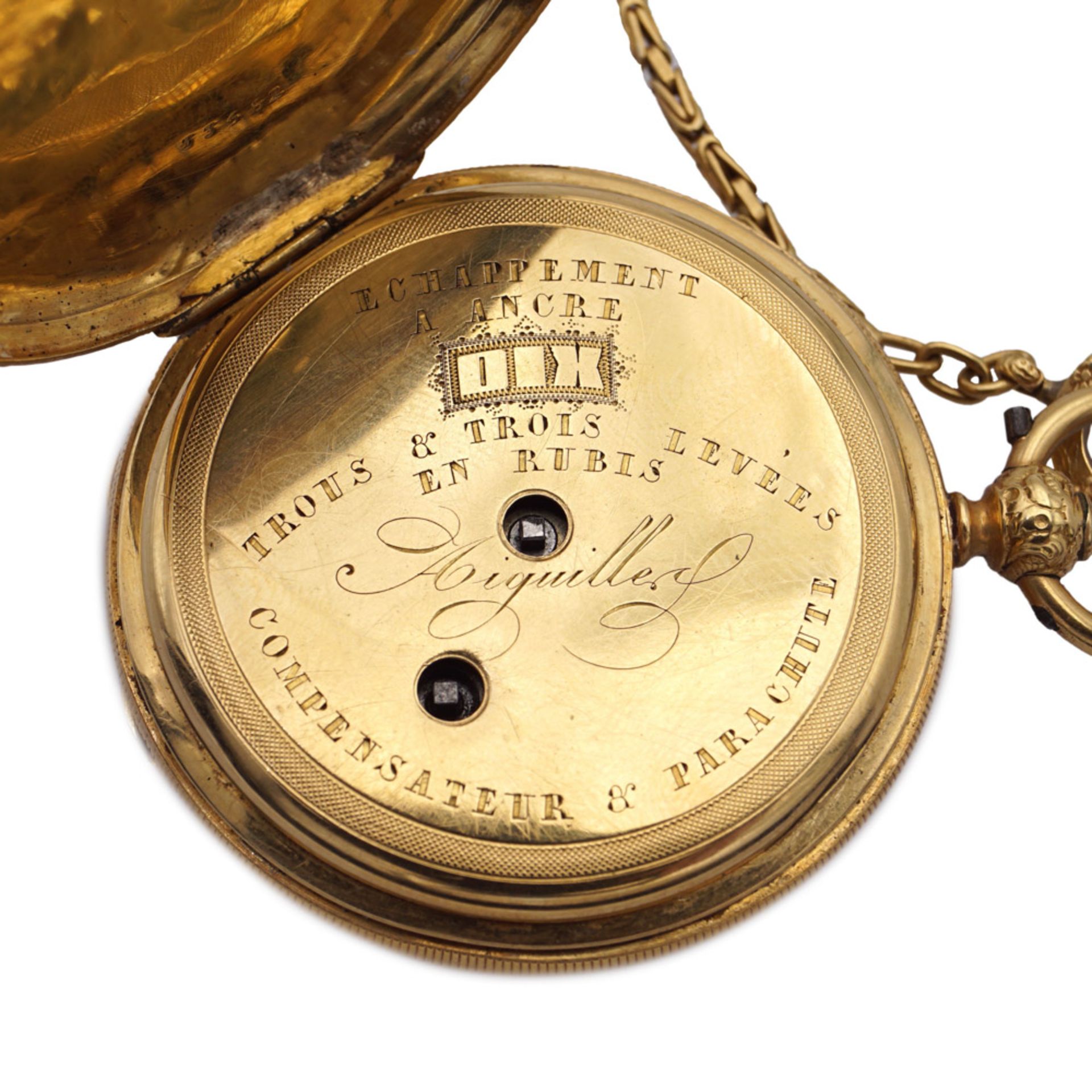 Aiguille, savonette pocket watch with chain and key - Image 4 of 4
