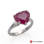18kt white gold ring with a 5 ct heart cut ruby