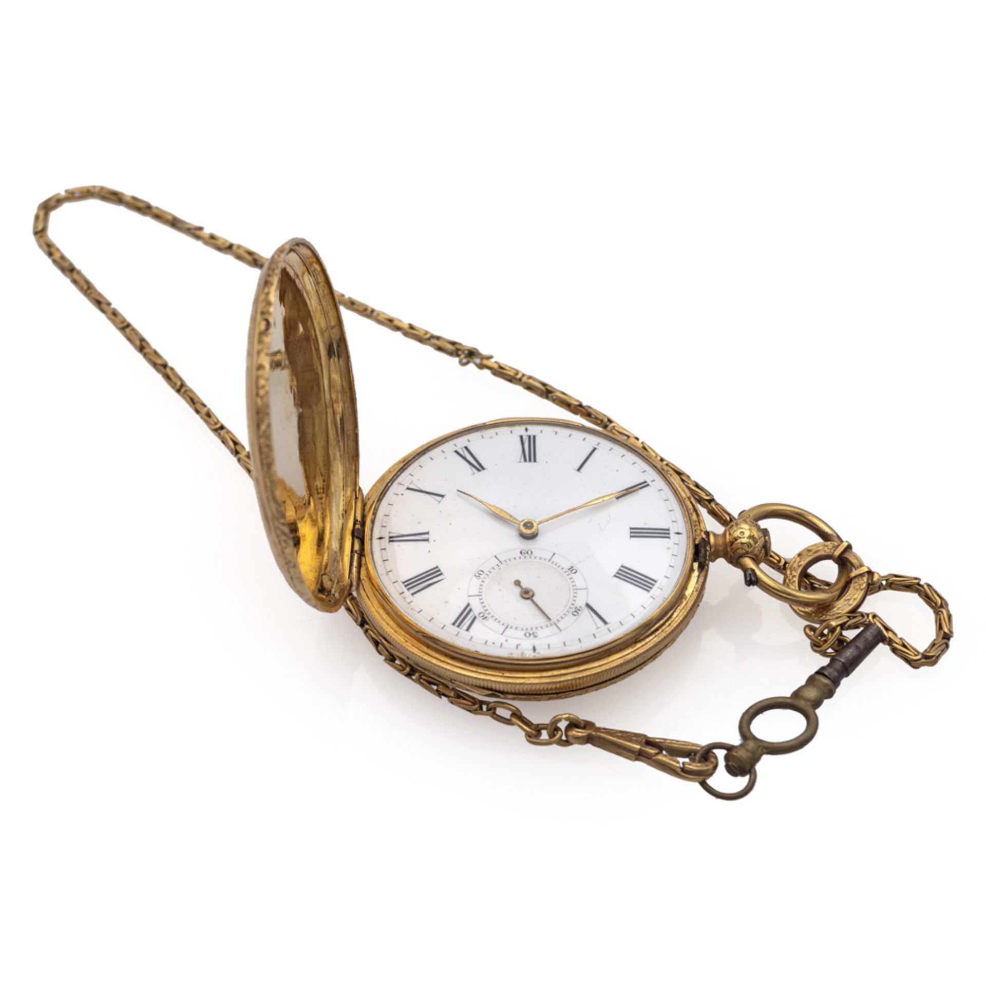 Aiguille, savonette pocket watch with chain and key