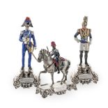 Three silver and polychrome enamel soldiers