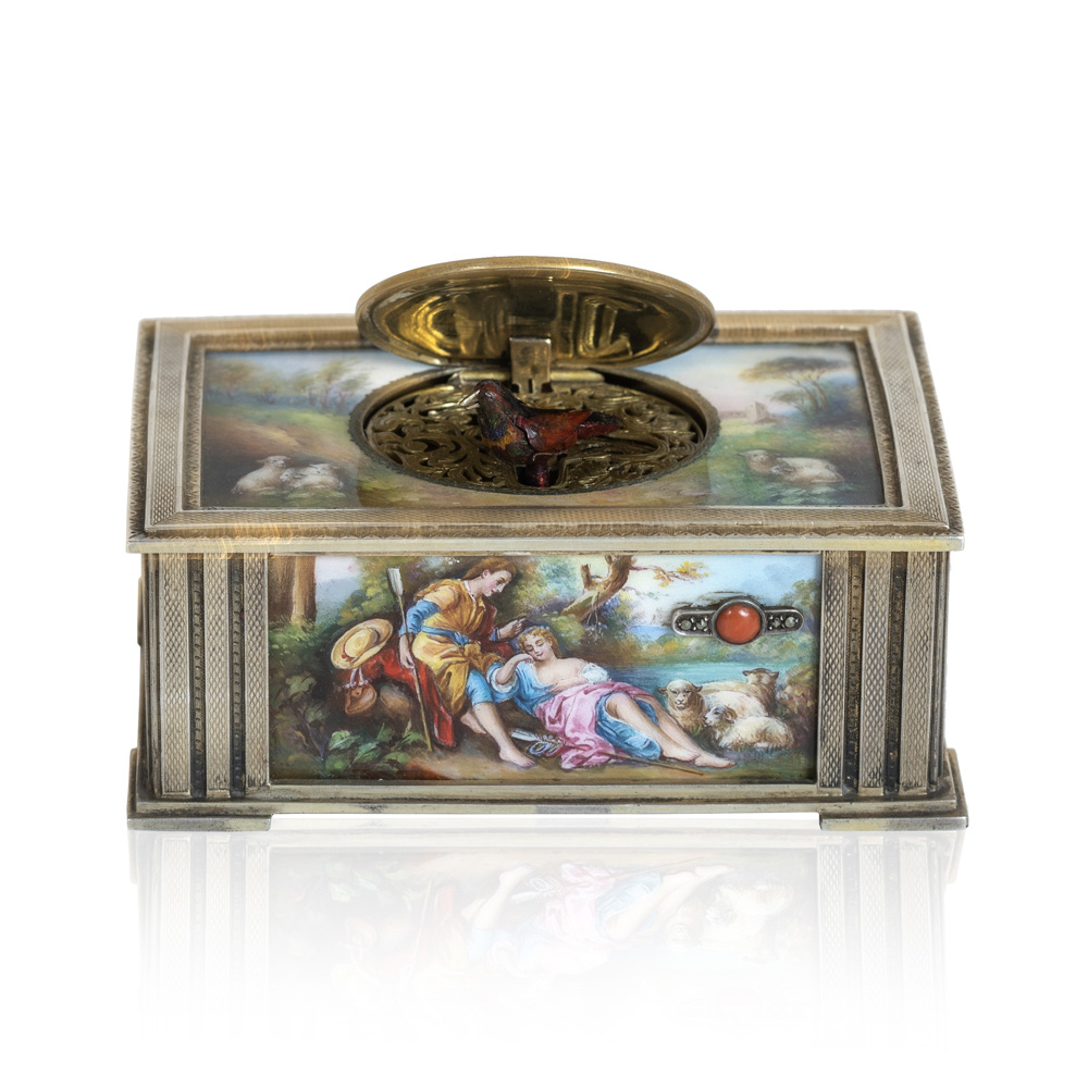 Gilded silver and polychrome enamel musical box