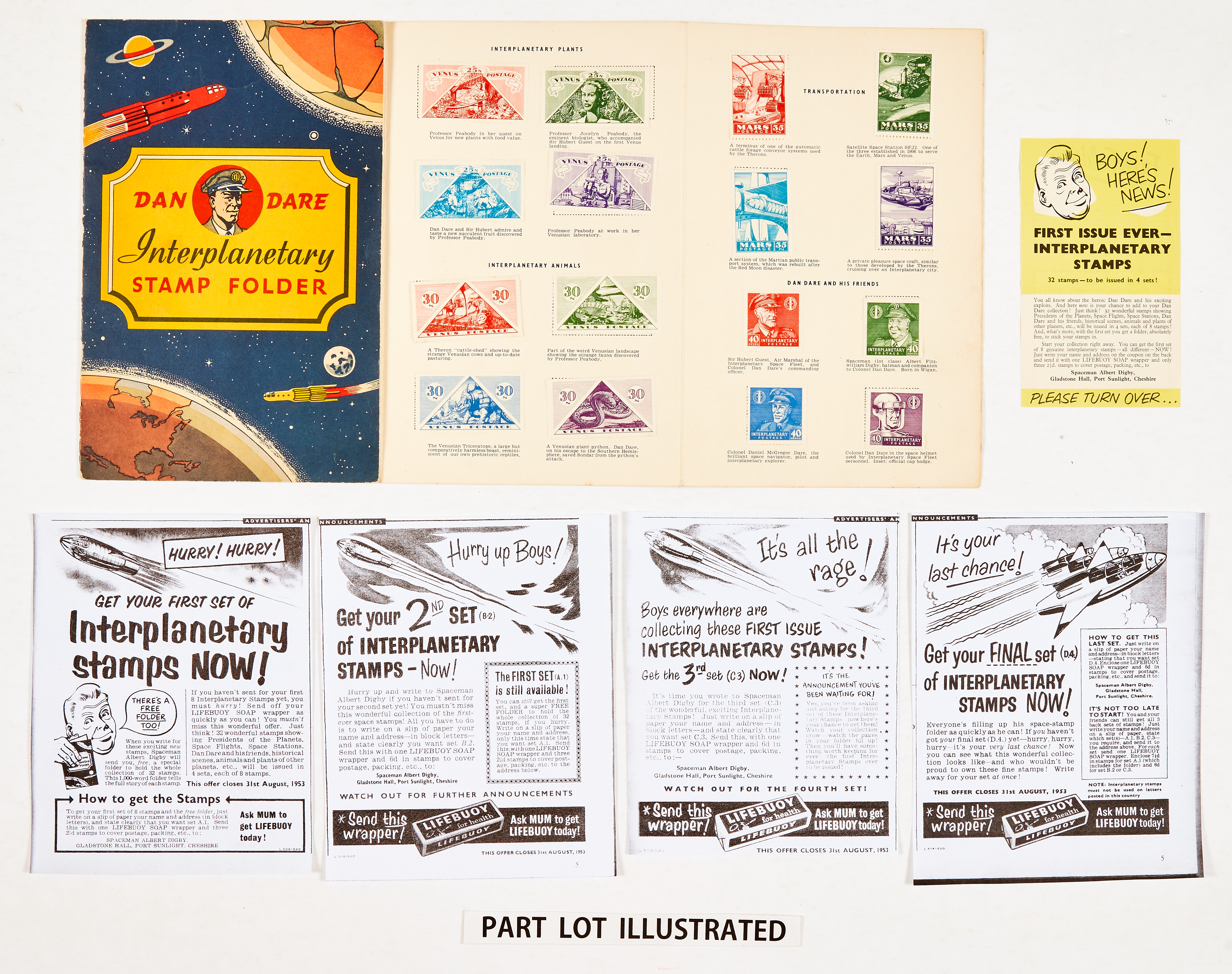 Dan Dare Interplanetary Stamp Folder (1953) Lifebuoy Soap giveaway with all 32 stamps attached. With