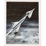 'L Ashwell Wood' style illustration from RAF Magazine (1960s) showing futuristic USAF rocket planes