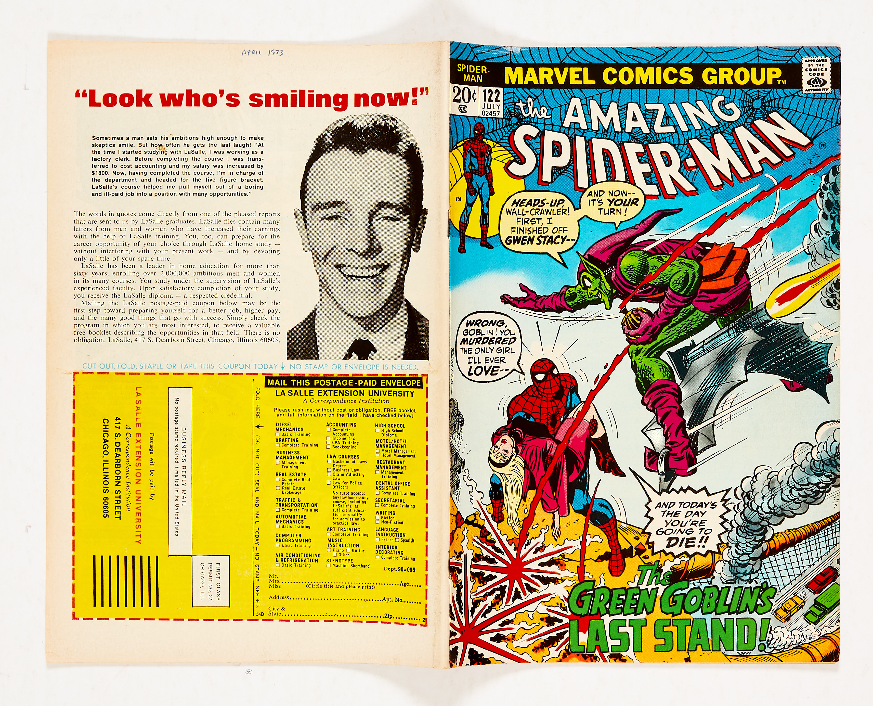 Amazing Spider-Man 122 (1973). Cents copy. Tiny date 'April 1973' to top back cover [fn+]. No