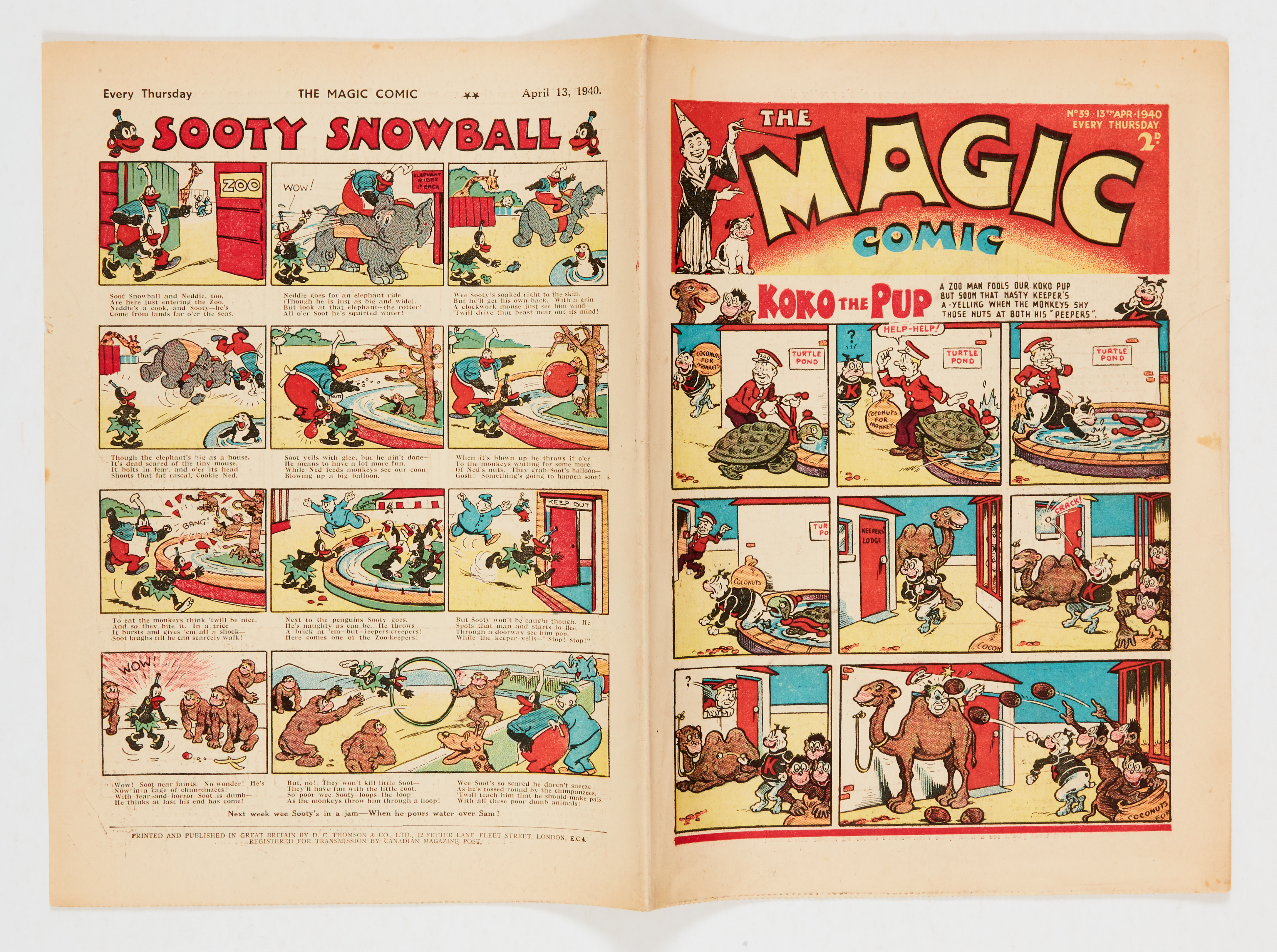 Magic Comic No 39 (1940) with Koko the Pup by E.H. Banger, Peter the Piper by Dudley Watkins. Bright