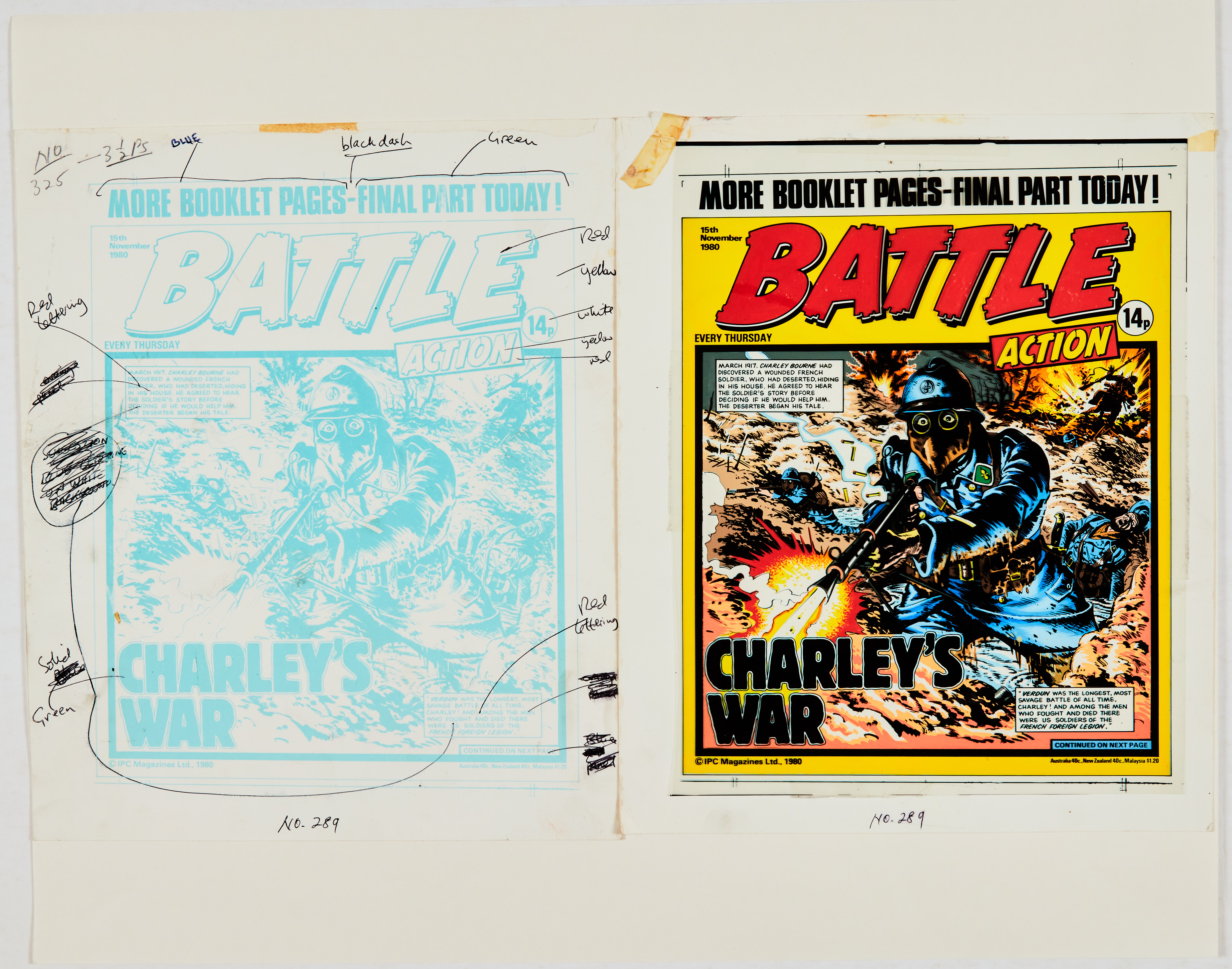 Battle Action 289 (1980) Charley's War front cover painted layout, acetate overlay and colour - Image 2 of 3