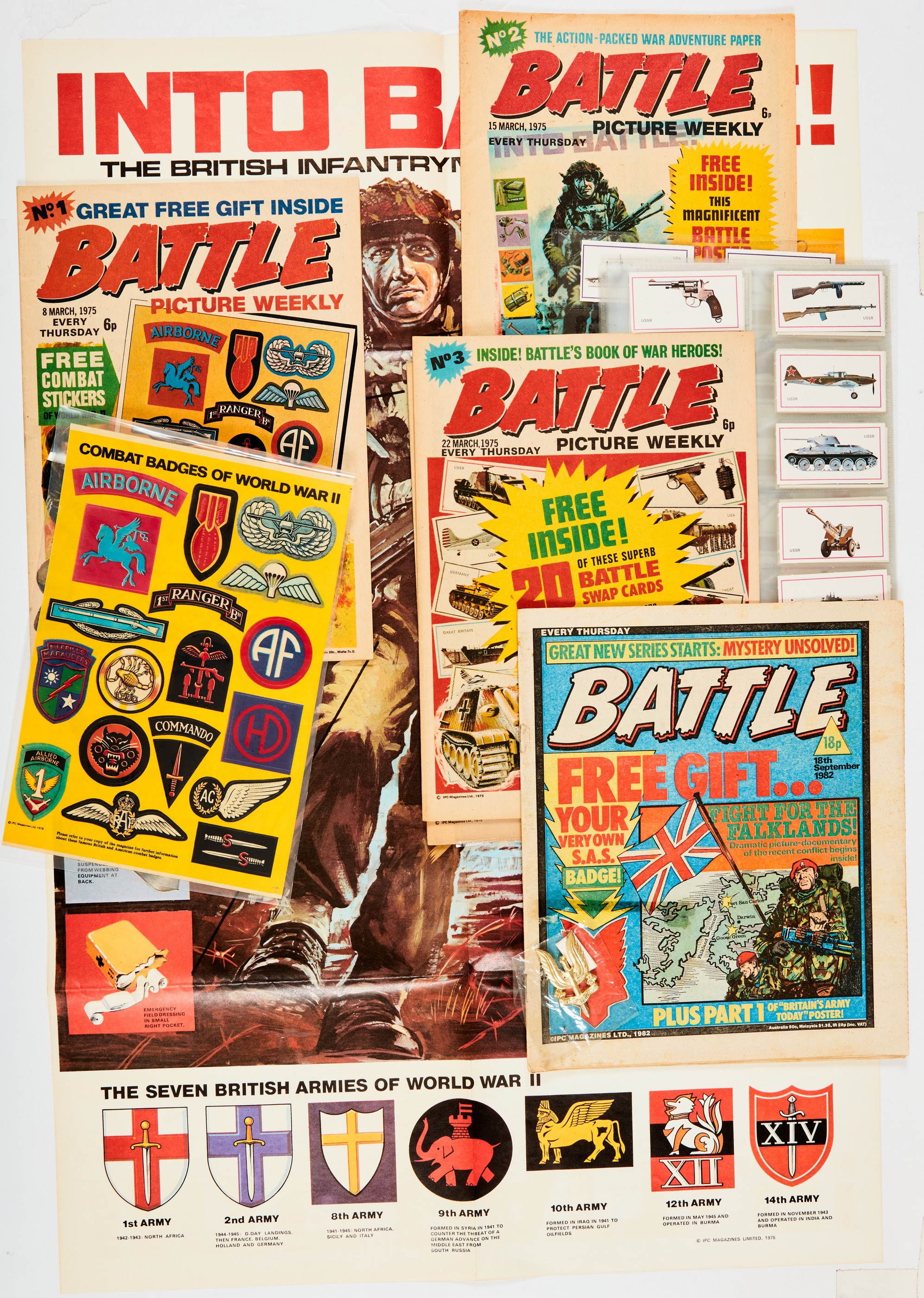 Battle Picture Weekly (1975) No 1 wfg Combat Badges of WWII, No 2 wfg Into Battle Poster, No 3 wfg