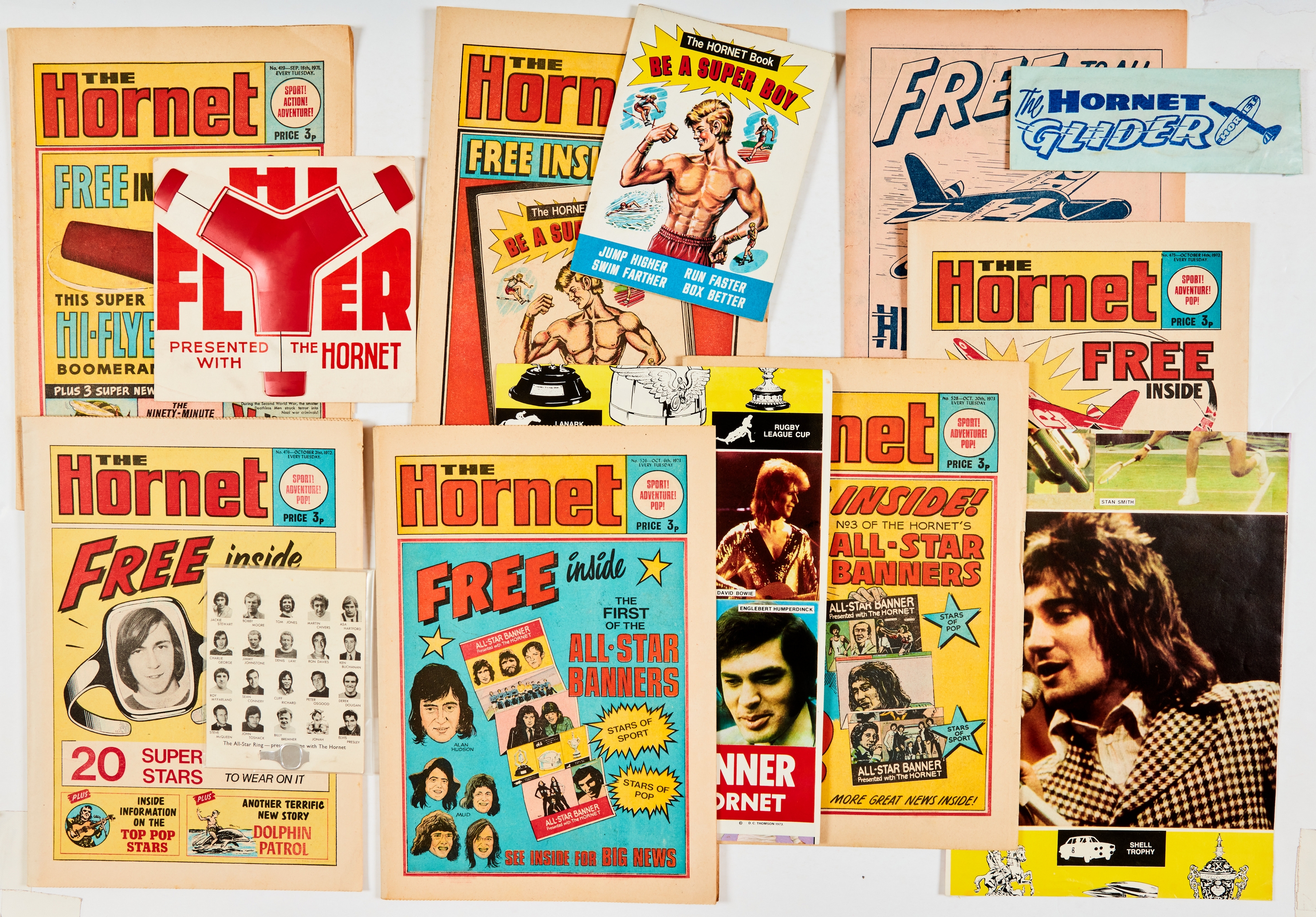 Hornet 1970s with free gifts. 419 wfg Hi-Flyer Boomerang, 420 wfg Be A Super Boy book, 475 wfg