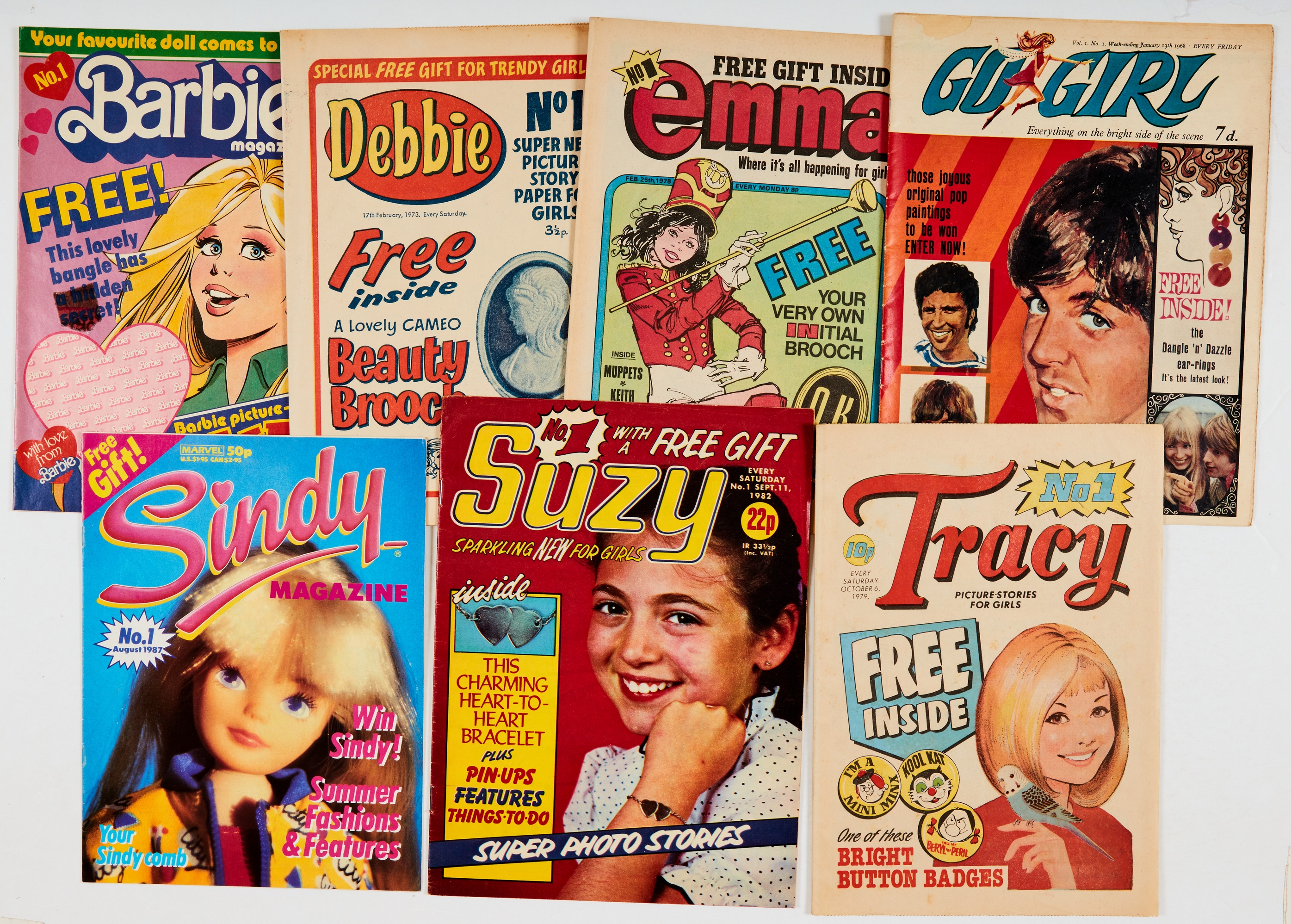 Girls' Comics No 1s (Mix 2) 1960s-80s. Barbie 1, Debbie 1, Emma 1, Go Girl 1, Sindy 1, Suzy 1, Tracy