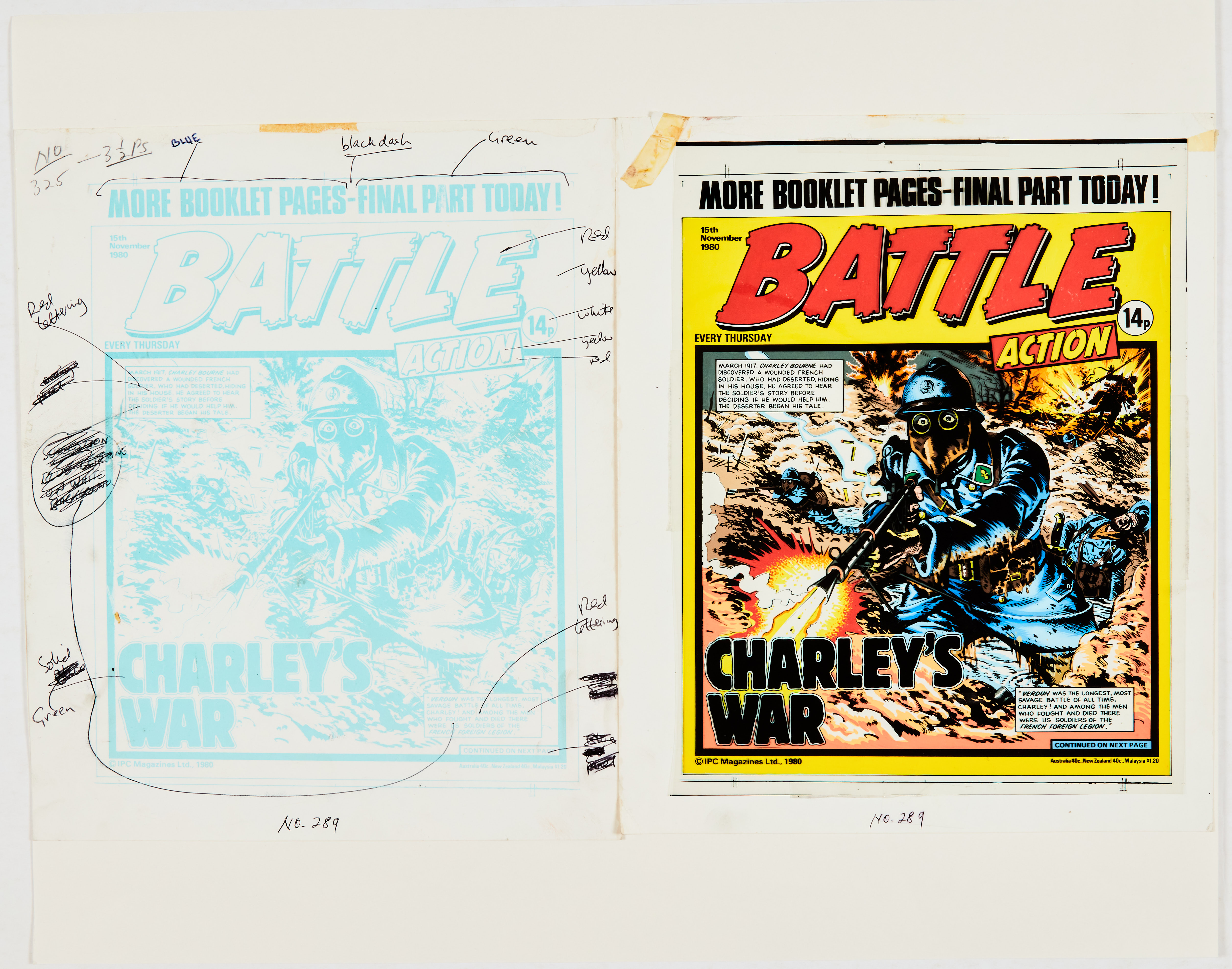 Battle Action 289 (1980) Charley's War front cover painted layout, acetate overlay and colour