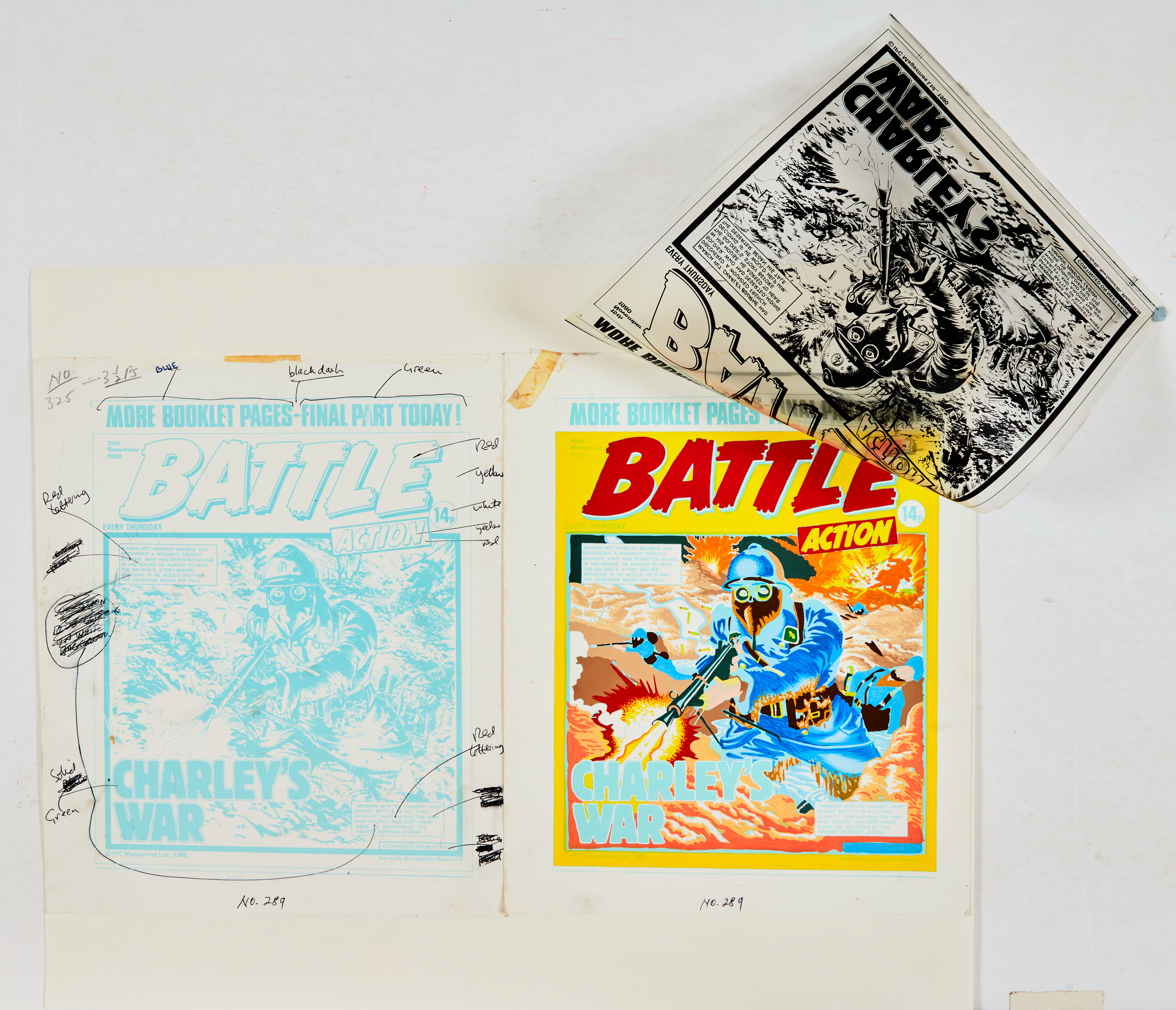 Battle Action 289 (1980) Charley's War front cover painted layout, acetate overlay and colour - Image 3 of 3