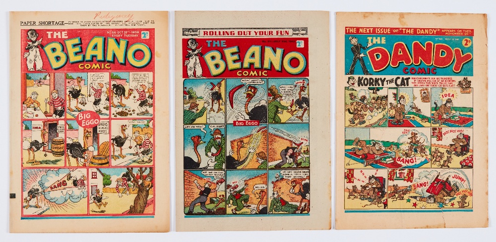 Beano No 66 (1939) missing pg 11/12 [fr]. With Beano 211 (1943) propaganda war issue [fn] and