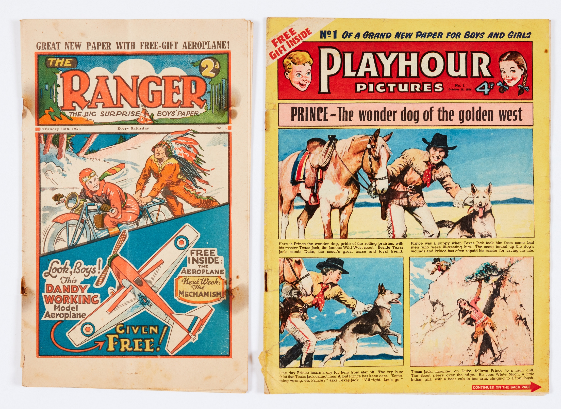 Ranger No 1 (1931) No back cover, rust marks [fr] with Playhour No 1 (1954) worn spine, rusty