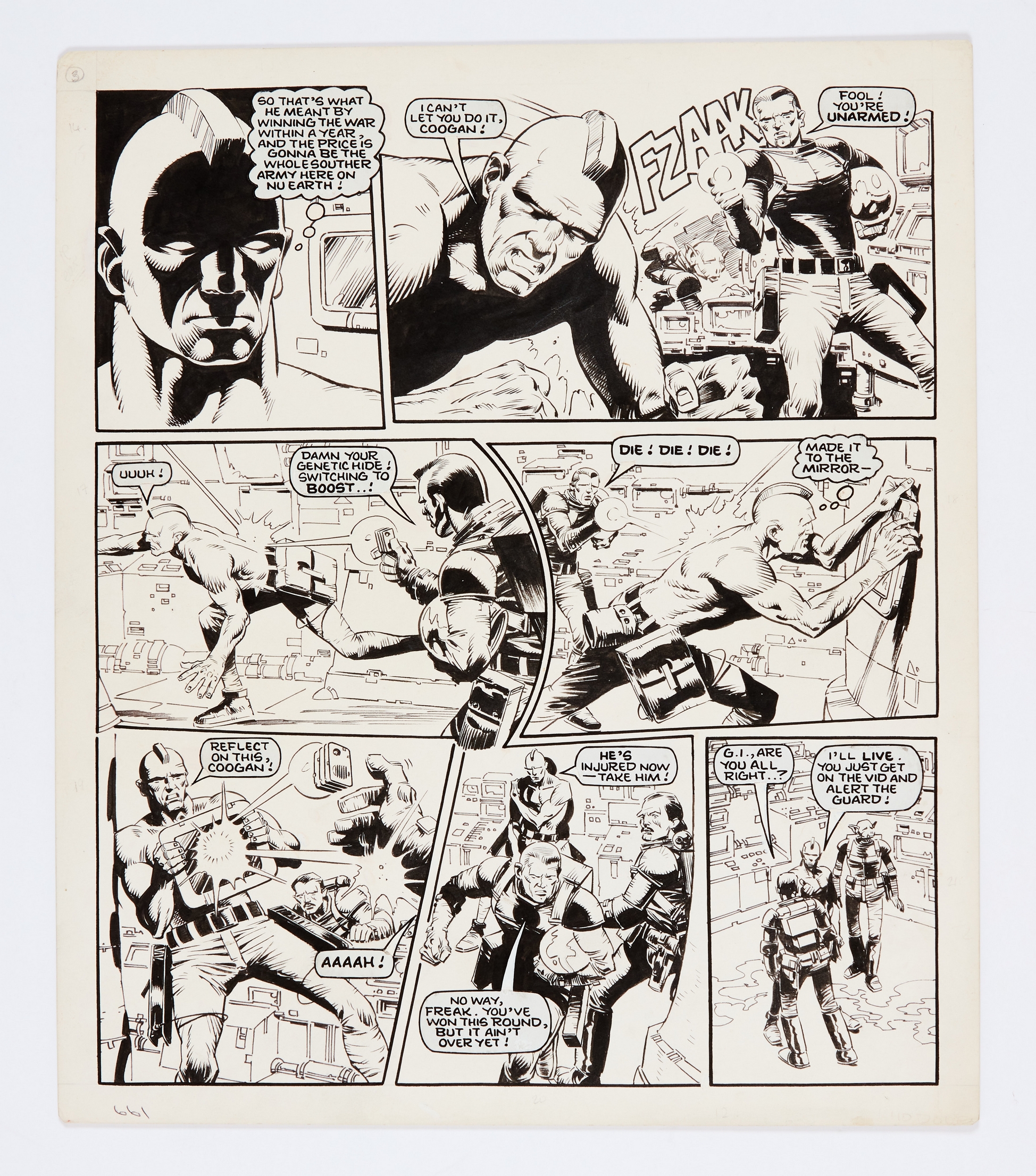 Rogue Trooper original artwork (1984) by Cam Kennedy for 2000AD prog 376 pg 29. Indian ink on board.