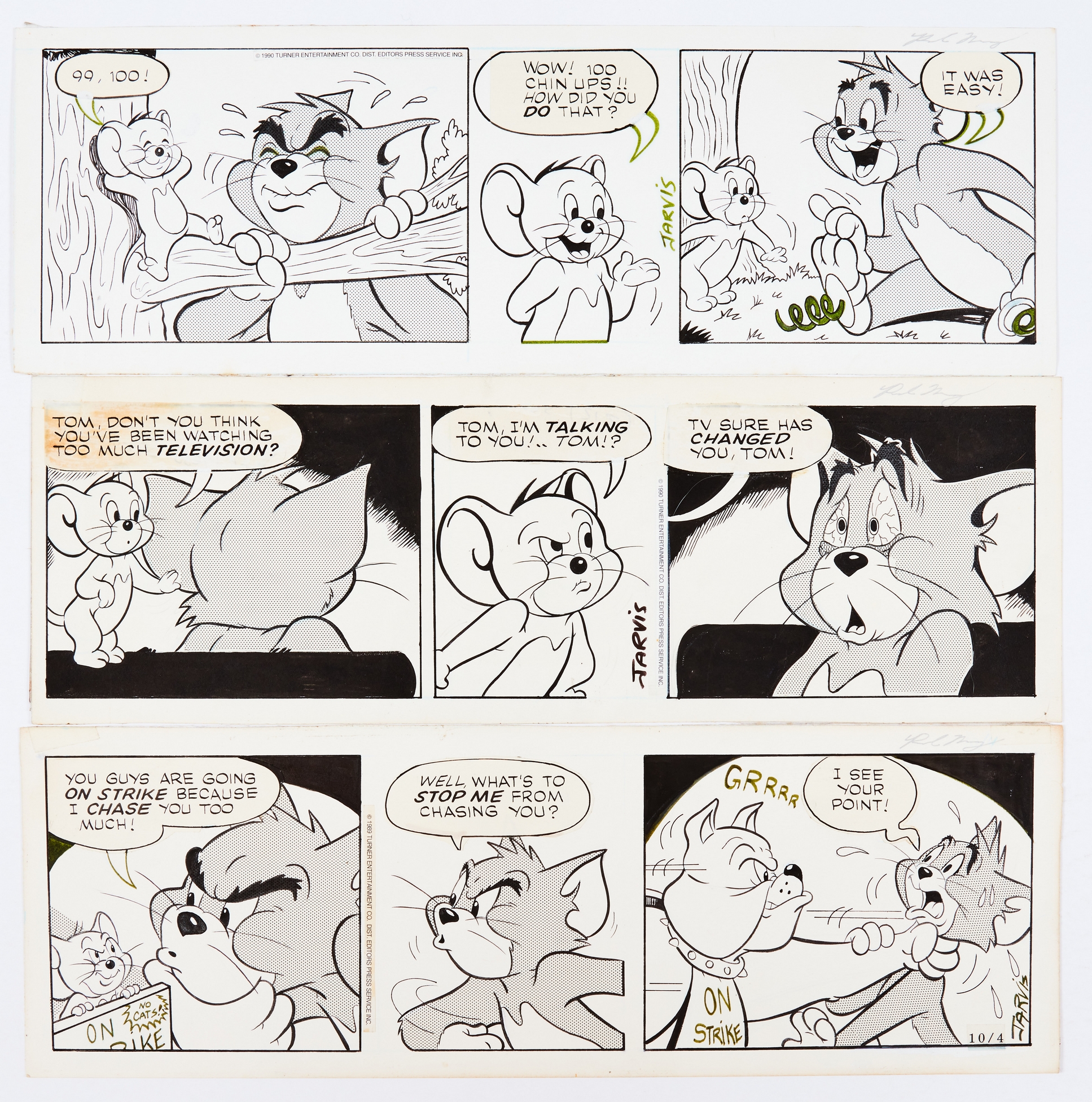 Three Tom and Jerry U.S. newspaper strip original artworks (1989) drawn and signed by Kelley Jarvis.
