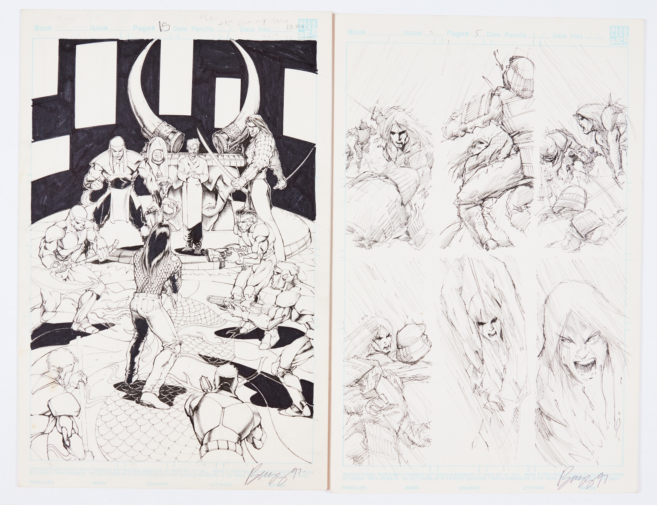 Chains of Chaos (1997) one original artwork and one sketch page both drawn and signed 'Buzz '97'.