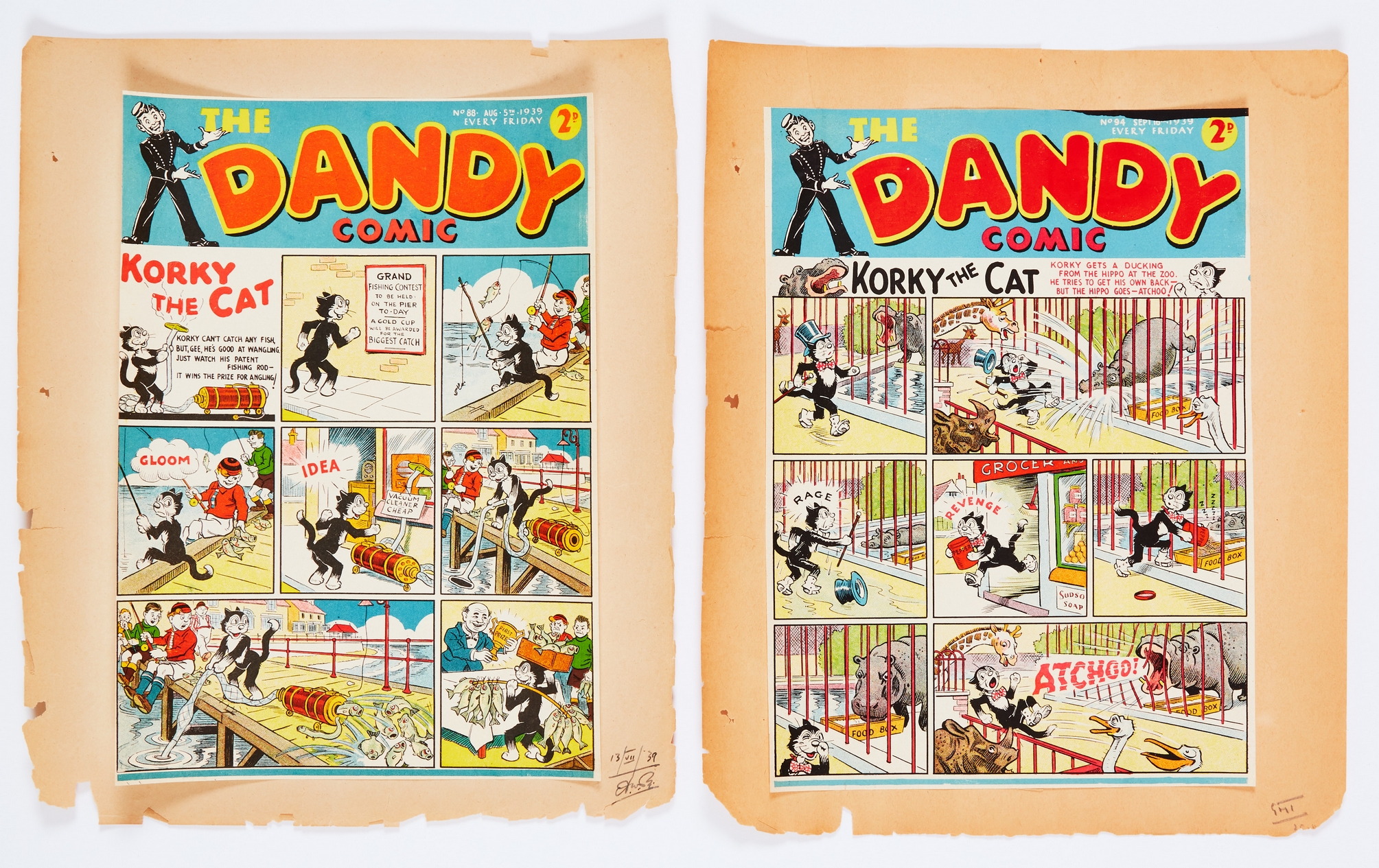 Dandy 88, 94 (1939). Front cover printer's proofs. Signed off and dated by editor George Moonie