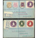 1913 Embossed Victorian ½d, 1d & 2d & ONE PENNY on 2d cut outs on two registered cover fronts, one