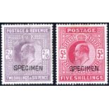 1902 2/6d lilac & bright carmine, both optd SPECIMEN Type 16, fine M (2/6d vertical crease), SG.