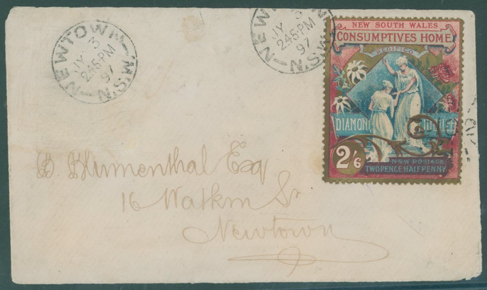 1897 2½d (2s.6d) gold, carmine & blue Diamond Jubilee tied to an envelope by a Newtown c.d.s for