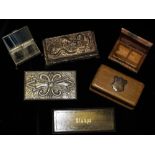 STAMP BOXES interesting group (mainly wooden), one Indian with ornate stone marquetry, Swiss with