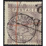 1867-83 Wmk Maltese Cross £1 brown-lilac, sound example with c.d.s & part parcel cancels, plus red