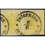 1854 medium smooth machine-made paper 1k yellow Type III horizontal pair SG.6a VFU by two part/large