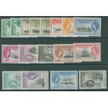 1954 set to £1 incl. shades of ½d, 1½d, M - lightly hinges. SG.626/40. Cat. £225. (17)