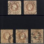 1867 coarse printing 50k brown (SG.AH57a) fine used examples showing minor shade variation, odd